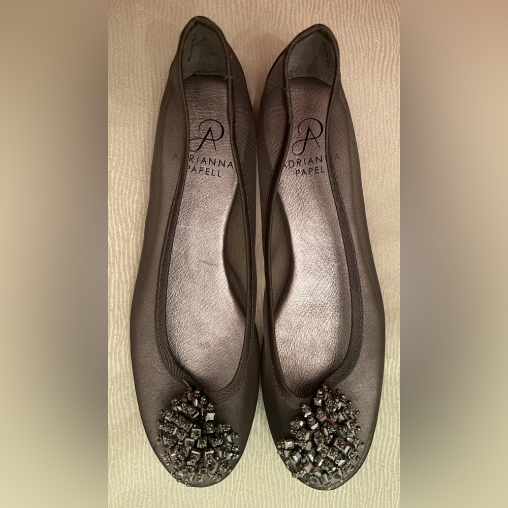 ADRIANNA PAPELL Stevie Womens Sz 7.5 M Gray Mesh Beaded Toe Ballet Flat Shoes